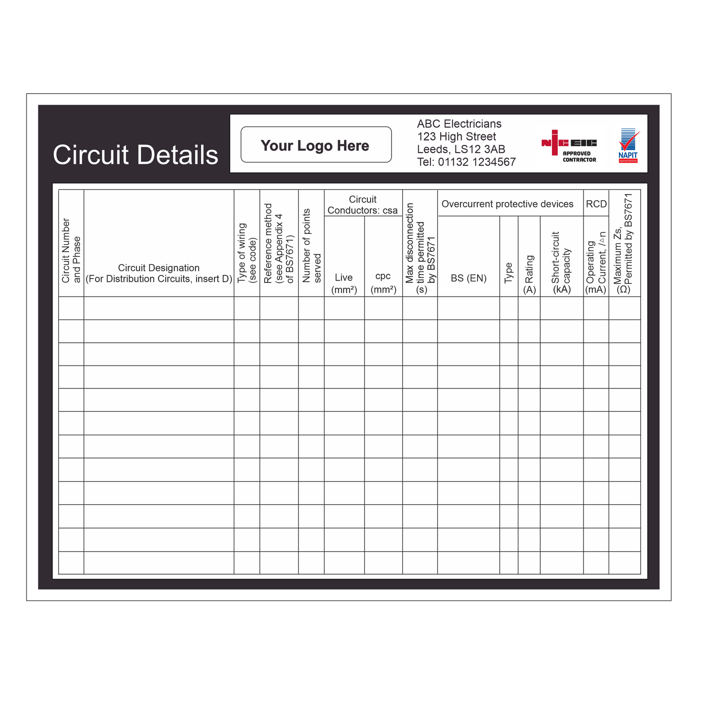 Electrical Circuit Details Panel Label