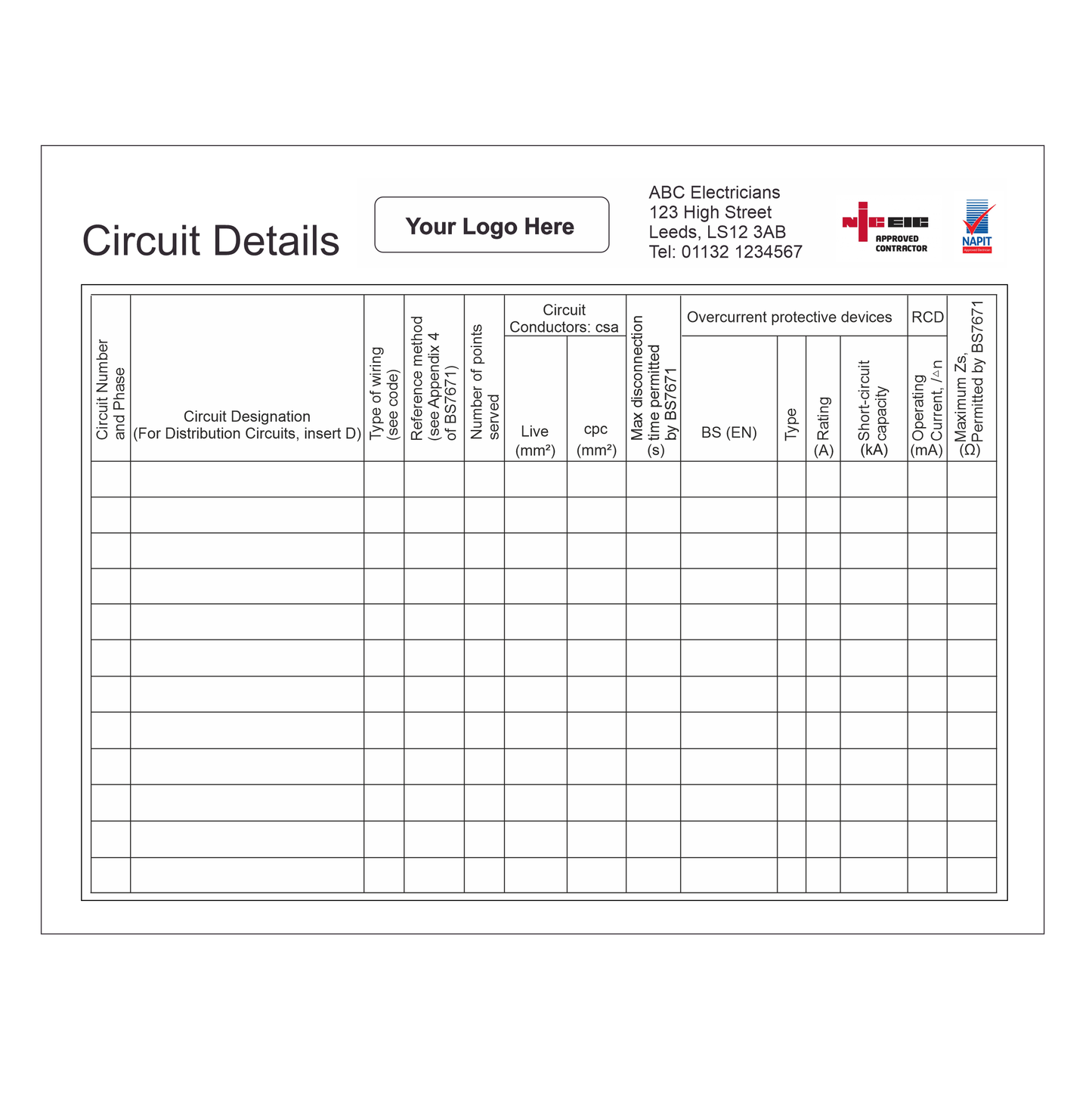 Electrical Circuit Details Panel Label