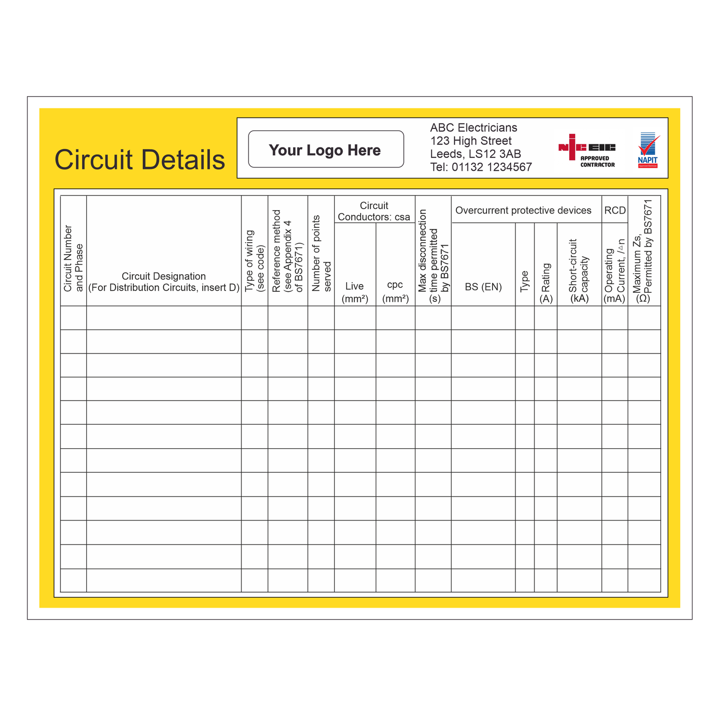 Electrical Circuit Details Panel Label